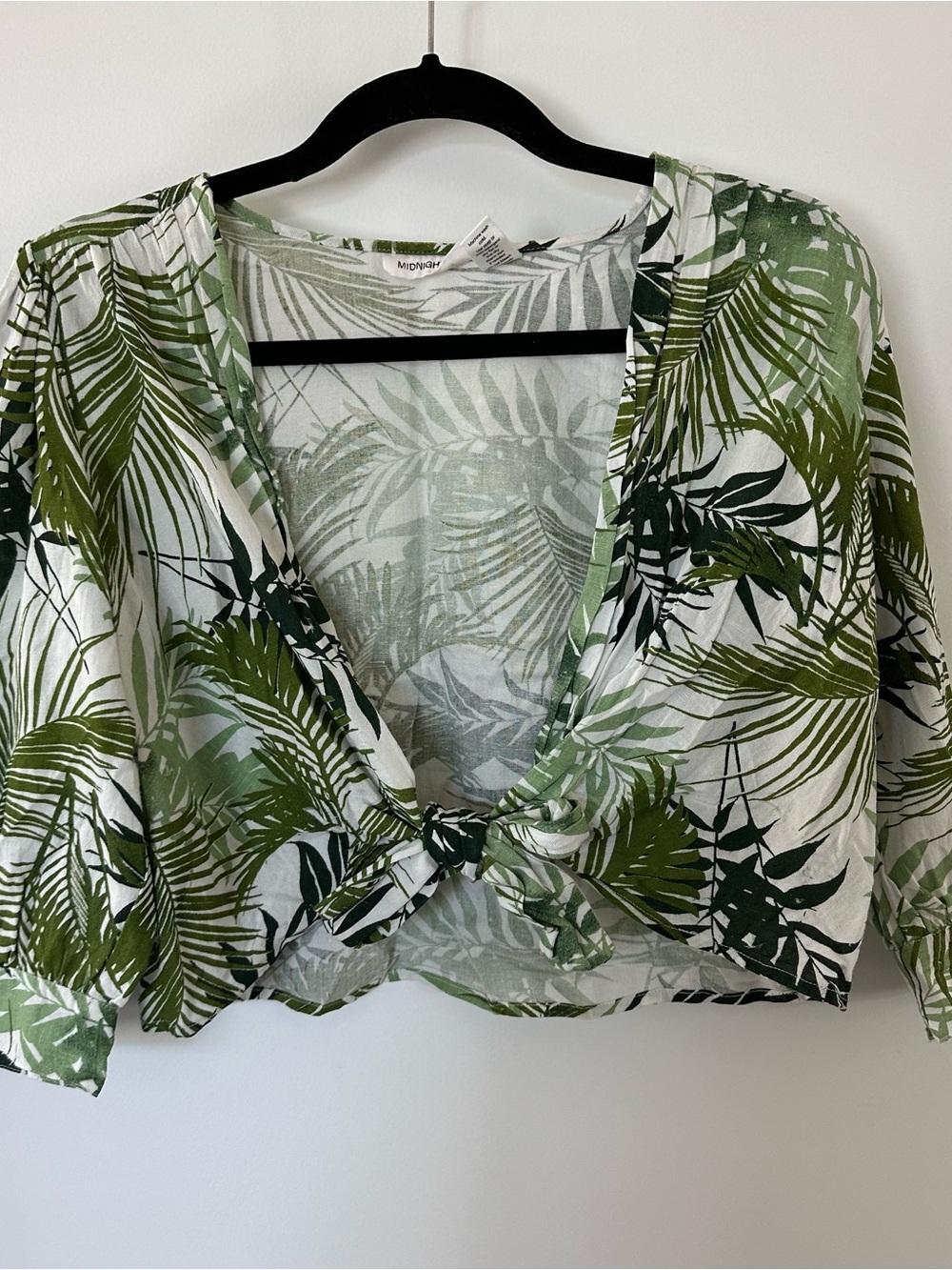 Palm print linen tie front top